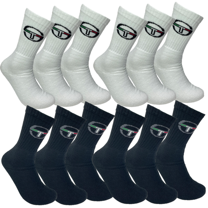 6/12 Paar Sergio Tacchini Socken | Ideal für Arbeit & Sport | Größen 39-46 | Schwarz & Weiß